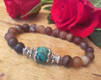 African Turquoise, Frosted Striped Agate Gemstone Stretch Bracelet