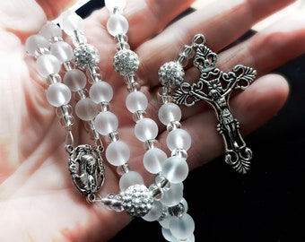 Stunning Frosted Pure Crystal Quartz Gemstone Rosary with Crystal Shamballa Pater Beads