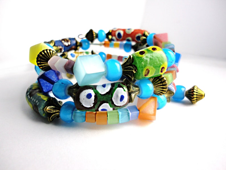 African Fancy Eye Twister 3 Layer Wrap Bracelet With Handmade African Krobo Trade Beads image 2