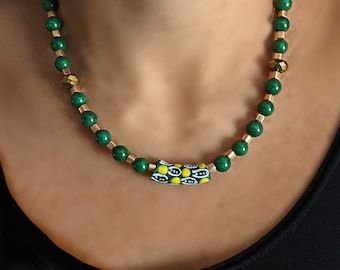 Green Jade Gemstone Beaded Necklace - Green, Gold and Tribal Featuring African Krobo Trade Bead