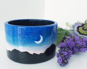 Fabulous Handpainted Moon Phase and Mountains and Stars Wood Cuff Bracelet