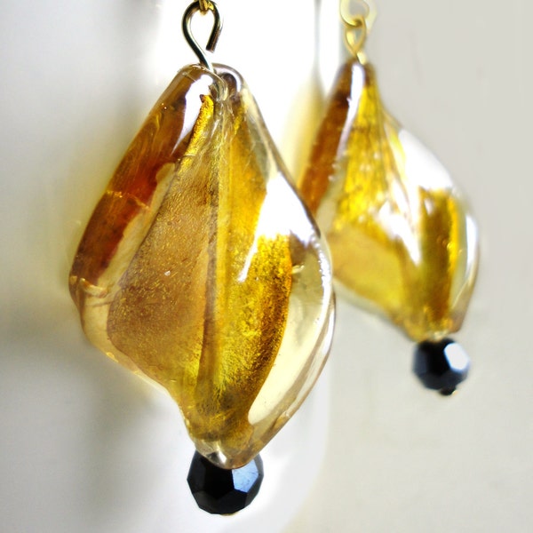 Golden Honey Drop Twisted Leaf Glass Earrings