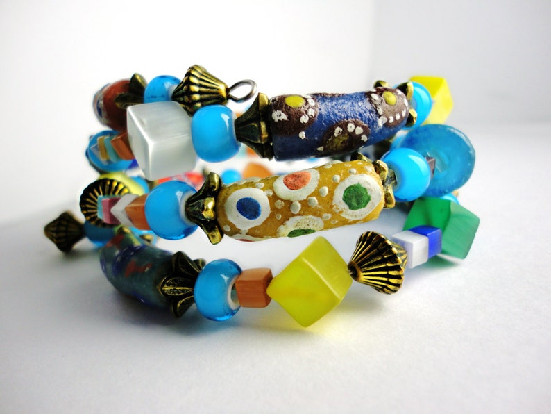 African Fancy Eye Twister 3 Layer Wrap Bracelet With Handmade African Krobo Trade Beads image 4