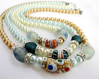 Annabel Lee 3 Strand Pastel Pearl Necklace with African Krobo Trade Beads.