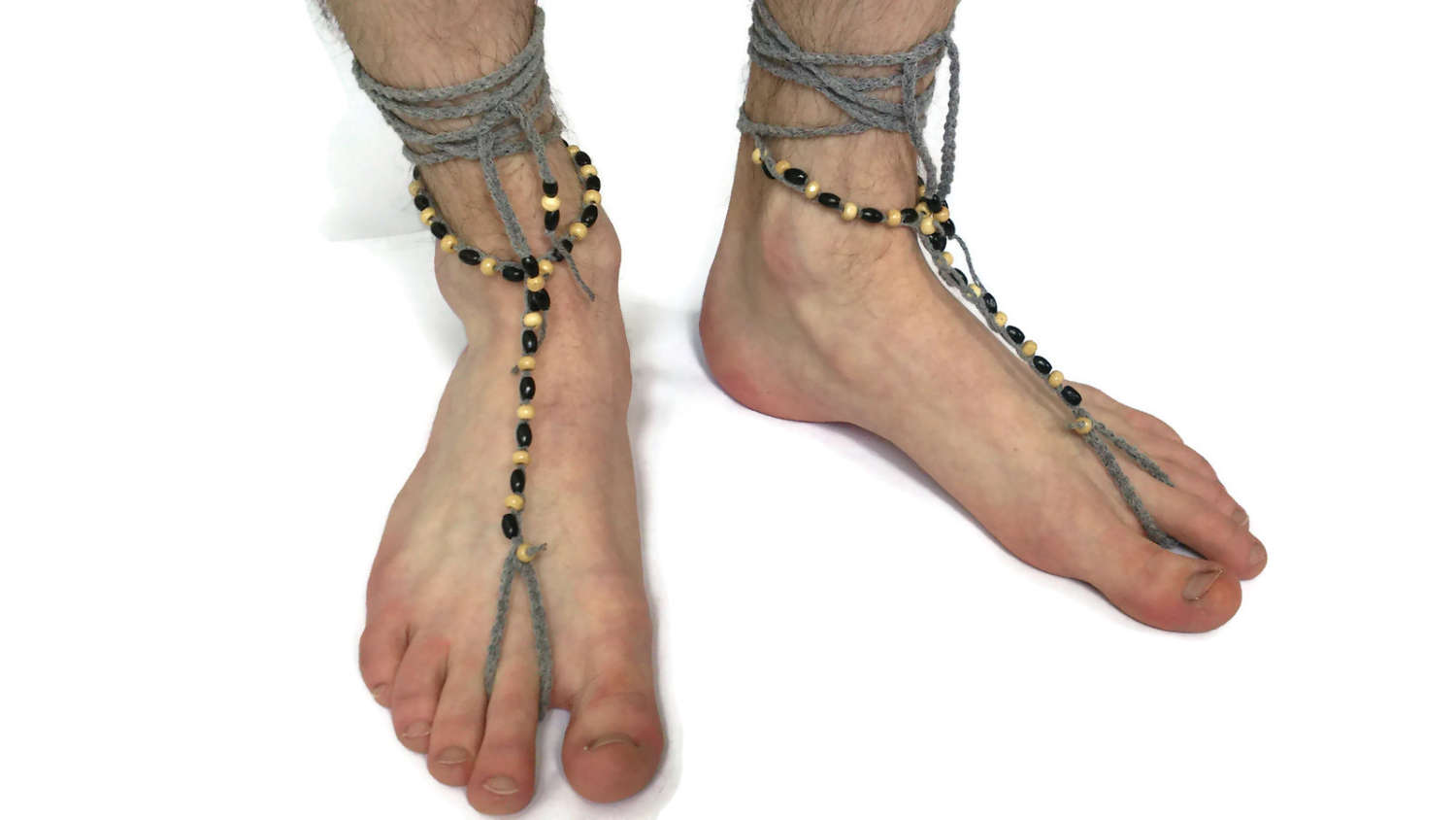 Men's Barefoot Sandals Grey Black Beaded Foot Jewellery Etsy