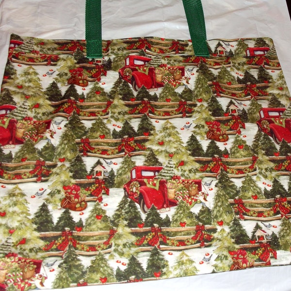 RED TRUCK CHRISTMAS Bag 15.5 X 18" Christmas "Going Green Bag", Lined Reusable Fabric Grocery/Farmers Market Free Shipping in the States