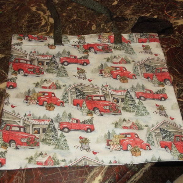 RED TRUCK BAG 15.5 X 18"  "Going Green Bag", Lined Reusable Fabric Grocery/Farmers Market Machine Washable and Dryable  Xlg