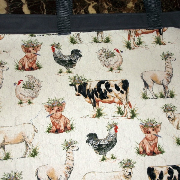 FARM ANIMALS  BAG XLg 15.5 X 18" Gorgeous New Reusable Lined Fabric Grocery/Book Carrier/Flea Market/Eco Friendly Affordable Gift