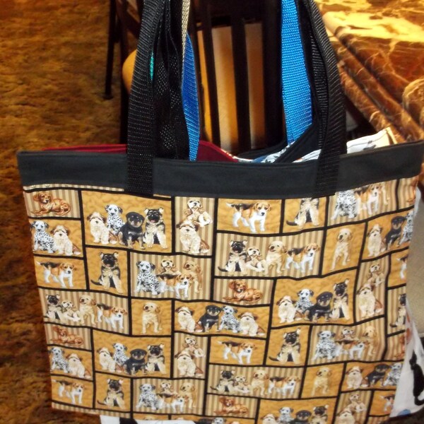 PUPPY  DOGS bag XLg 15.5 X 18  Dog Lovers New Lined Reusable Fabric Grocery/Book Bag/Flea Market/Eco Friendly Affordable Gift