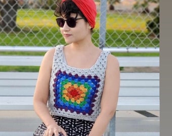 Rainbow Granny Square Top- Grey