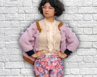 Handmade Lavender Chunky Knit Cardigan – Cozy Pastel Sweater
