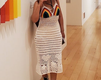 Handmade White Crochet Rainbow Dress – Colorful Boho Summer Mini Dress with Lace-Up Back