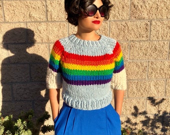Handmade Cozy Rainbow Knit Sweater with Cloud Sleeves – Chunky Colorful Pullover