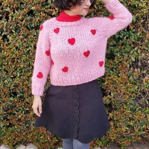 Pink Chunky Knit Sweater with Red Hearts image 3