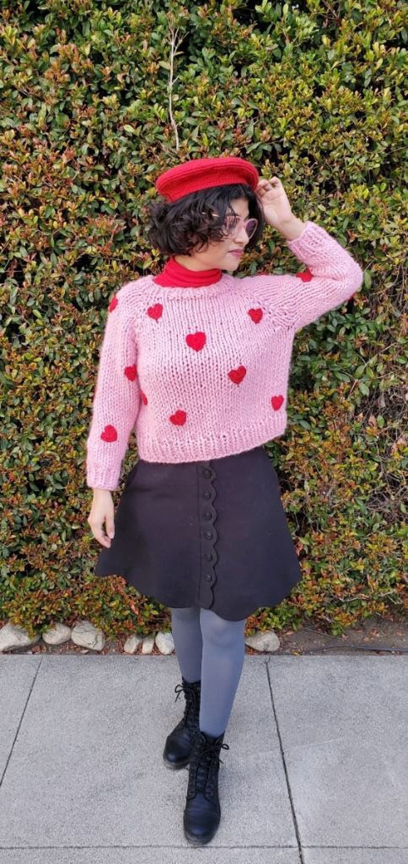 Pink Chunky Knit Sweater with Red Hearts image 3