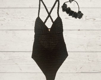 Handmade Black Crochet Bodysuit – Adjustable Fit, Festival and Layering Piece