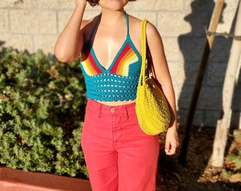 Handmade Dark Turquoise Crocheted Halter Top – 70s Vintage Style