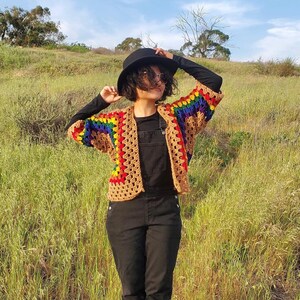 Crocheted Granny Short Cardigan- Tan Rainbow