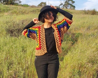 Crocheted Granny Short Cardigan- Tan Rainbow