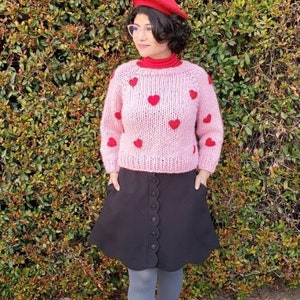 Pink Chunky Knit Sweater with Red Hearts image 1