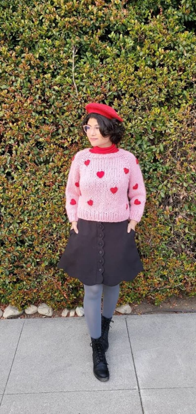 Pink Chunky Knit Sweater with Red Hearts image 1