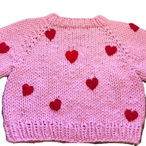 Pink Chunky Knit Sweater with Red Hearts image 2