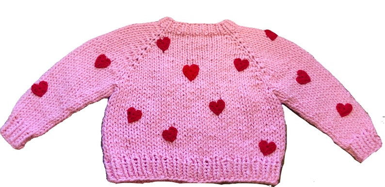 Pink Chunky Knit Sweater with Red Hearts image 2