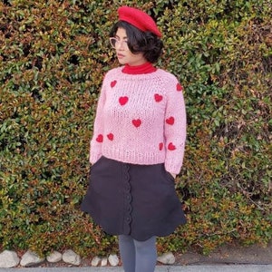 Pink Chunky Knit Sweater with Red Hearts image 5