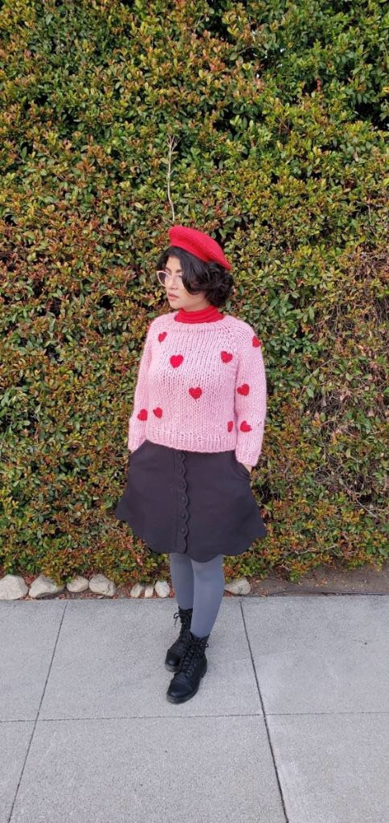 Pink Chunky Knit Sweater with Red Hearts image 5