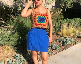 Rainbow Granny Square Top- Tan