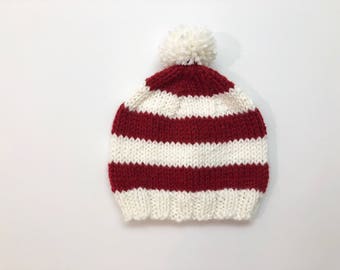Red and White Striped Knit Baby Beanie - Christmas Pom Hat