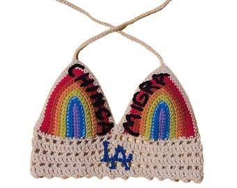 CLM Rainbow Halter Top- White Crochet LA Pride