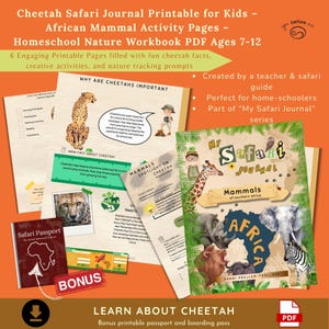 Peut inclure: Un journal de safari sur les guépards imprimable pour enfants, avec des pages d'activités sur les mammifères africains. Le cahier d'exercices comprend six pages avec des faits sur les guépards, des activités créatives et des invites de suivi de la nature.