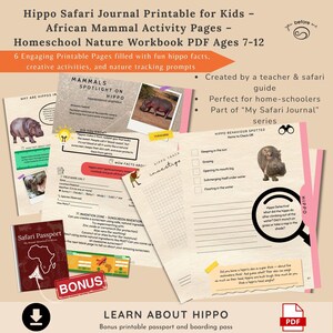 May include: Printable hippo safari journal for kids, featuring African mammal activity pages. Includes six engaging pages with hippo facts, creative activities, and nature tracking prompts. Perfect for home-schoolers. Includes a bonus printable passport.