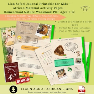 Lion Safari Journal Page Printable Animal Worksheet Kids Nature Journal STEM Prompts + Passport Home-school Activity Charlotte Mason 7-12