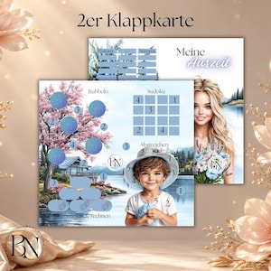 May include: A 2-piece folding card set titled 2er Klappkarte and Meine Auszeit. The cards feature illustrations of a cherry blossom tree, a cabin by a lake, a child in a sun hat, and a woman holding flowers. Includes sections for Rubbeln, Sudoku, Abstreichen, and würfeln & rechnen with numbered circles and blue grid boxes.