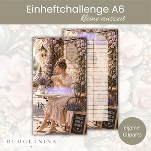 Einheftchallenge kleine Auszeit Set | Cash Stuffing Lavendel Café A6 | Budget Binder Dashboard Tracker | Rubbelkarte Sparen |Eigene Cliparts