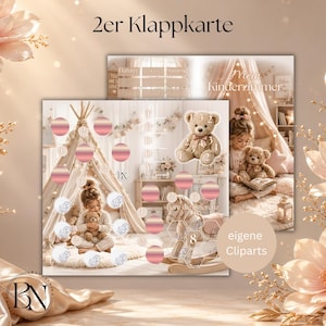 May include: A set of two folded cards featuring a children's room theme with a teepee, a rocking horse, and teddy bears. The design includes circular gradient elements, dice icons, and text reading 2er Klappkarte, Mein Kinderzimmer, and eigene Cliparts.