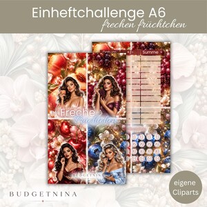 Könnte beinhalten: A6 Einheftchallenge frechen früchtchen Budget-Tracker mit vier Feldern, die Frauen mit Pfirsichen, Weintrauben, Kirschen und Blaubeeren zeigen. Das Layout enthält Spalten für Datum, Plus/Minus, Summe sowie nummerierte Kreise zur Auswahl.