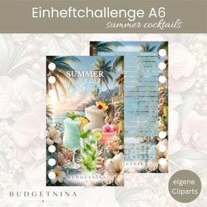 Einheftchallenge Set Summer Cocktails, Deckblatt & Tracker, Cash Stuffing Sparchallenge, 350g Matt Foliert, Eigene Cliparts