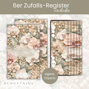May include: A set of six binder dividers featuring a soft floral orchid pattern in shades of cream, pale pink, and muted green. The dividers include numbered tabs from one to six, a checklist column, and the text "6er Zufalls-Register orchidee" and "Zufalls Binder".