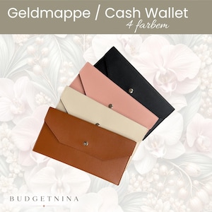 Könnte beinhalten: Vier rechteckige Geldmappen in Schwarz, Hellrosa, Creme und Braun, jeweils mit einem spitz zulaufenden Umschlag und einem silberfarbenen Druckknopfverschluss. Der Text "Geldmappe / Cash Wallet 4 farbem" und "BUDGETNINA" ist zu sehen.