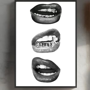 May include: Three black and white images of lips with gold teeth. The lips are open and the teeth are visible. The images are arranged vertically.