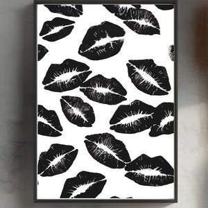 Black and White Lips Wall Art – Kisses Poster Printable, Minimalist Glam Lip Print, Sexy Line Art Digital Download, Vanity or Bedroom Decor