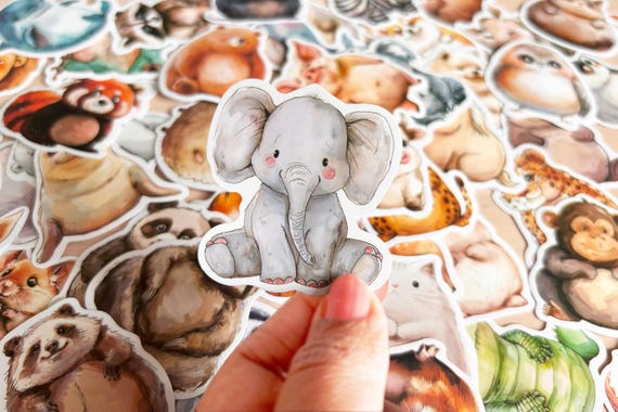 Animal Journal Stickers, Watercolor Cute Animals Sticker, Safari Animals, Planner Stickers, Waterproof Scrapbook Stickers for Baby Animals
