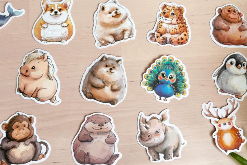 K&ouml;nnte beinhalten: Eine Sammlung farbenfroher Tieraufkleber, darunter ein Corgi, ein Leopard, ein Pinguin und ein Nashorn. Die Aufkleber sind im Aquarellstil mit wei&szlig;en R&auml;ndern gehalten und auf einer hellen Holzoberfl&auml;che angeordnet.