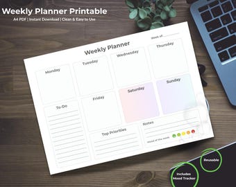 May include: A white weekly planner printable with sections for each day of the week, to-do lists, and notes. The planner includes a mood tracker and is labeled as reusable. The text "Weekly Planner Printable" is at the top.