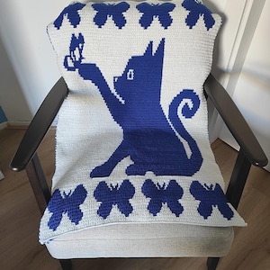 Overlay mosaic crochet pattern - Cat and butterfly - Wall hanging, baby blanket