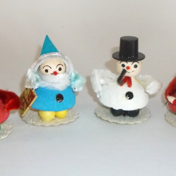 5 Vintage Christmas Putz Snowmen Santa Japan Chenille Mica Spun Cotton