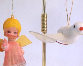 2 Vintage Christmas Ornaments - Pink Flocked Angel & White Flocked Bird with Mesh Wings